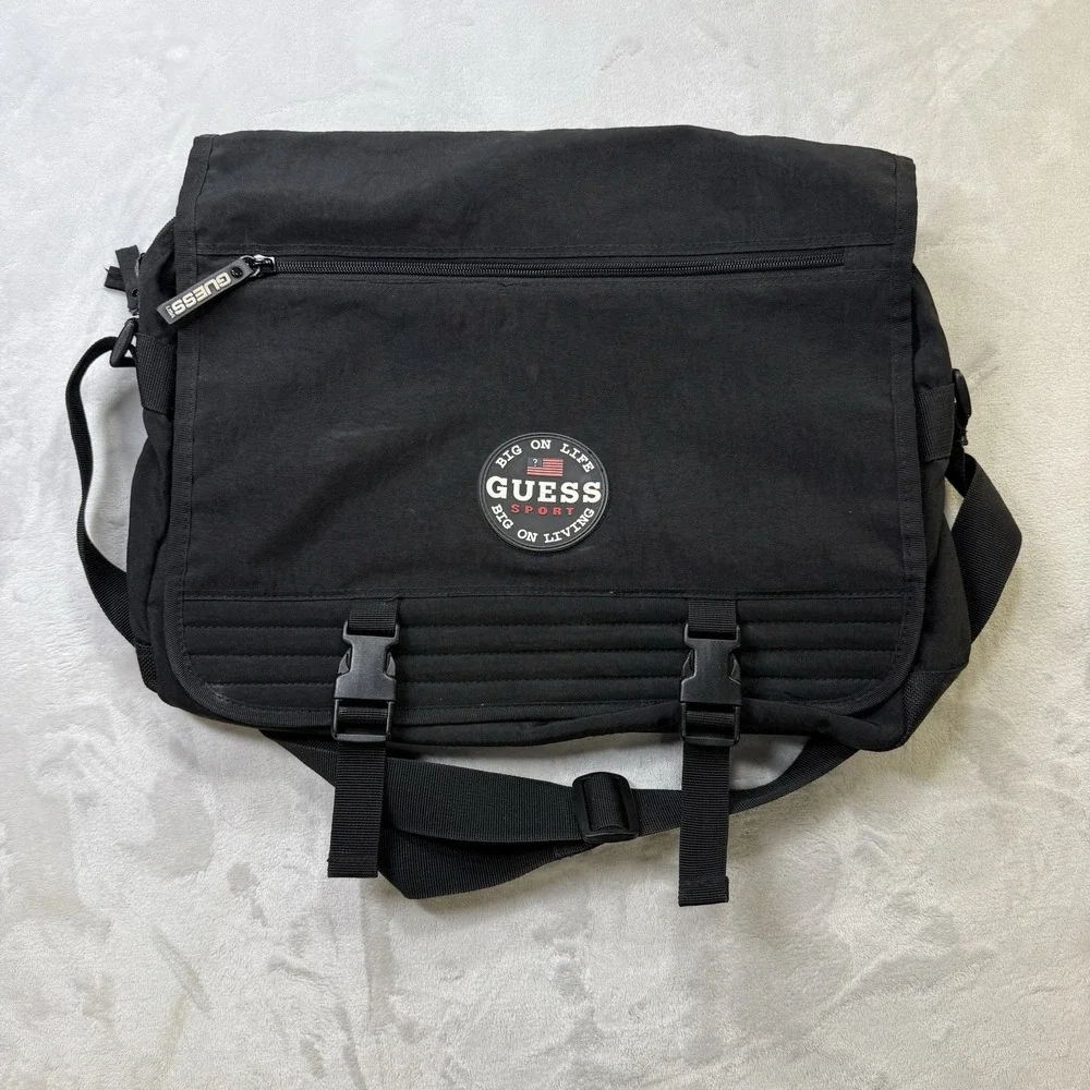 Vintage Guess Sport Messenger Bag Black Crossbody Laptop Book Bag Y2K